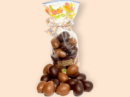 Petits oeufs de Pâques nougatine pralinés - ref-1468N - Oeufs nougatine fourrés praliné enrobés chocolat noir 200g